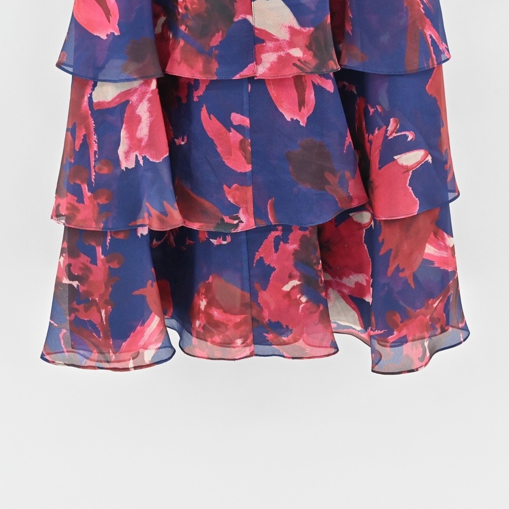 Rickie Freeman Teri Jon Floral Tiered Ruffle Dress Womens Sz 6 Navy Red Wedding - Picture 11 of 12
